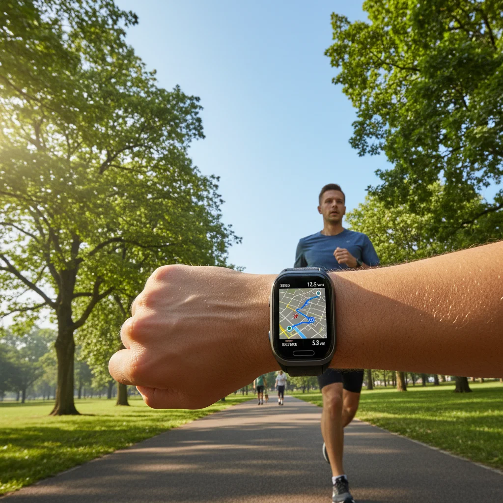 Person jogging with fitness tracker displaying route