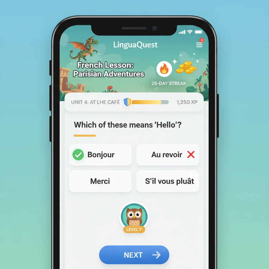 Screenshot of a language learning app interface with interactive exercises and progress tracking.