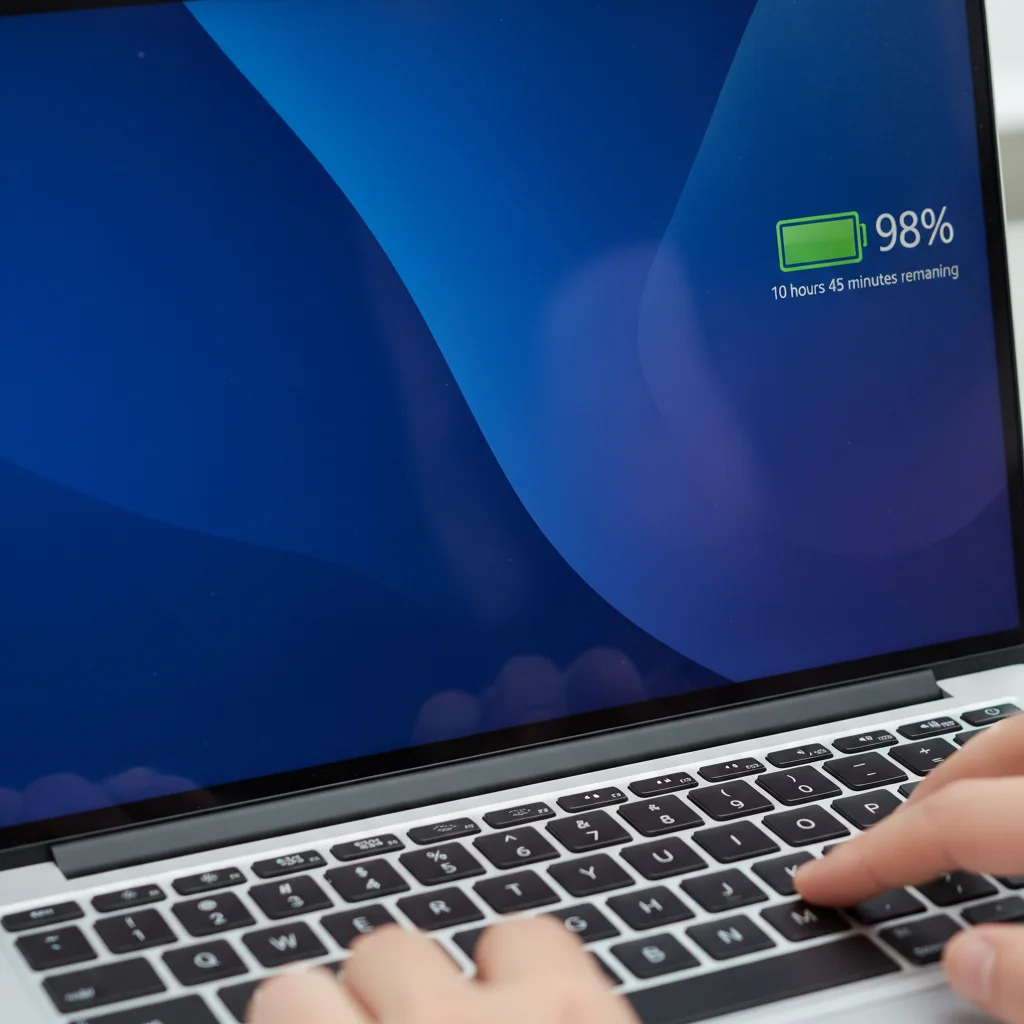Laptop screen displaying high battery percentage and estimated time