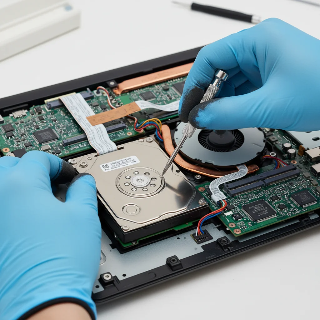 Technician removing old hard drive from laptop