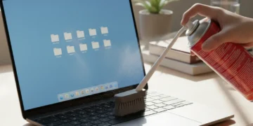 Close-up of a laptop keyboard being cleaned with a brush and compressed air, symbolizing laptop performance cleaning.