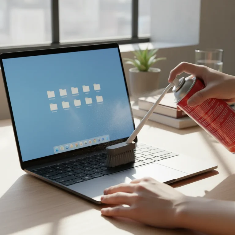 Close-up of a laptop keyboard being cleaned with a brush and compressed air, symbolizing laptop performance cleaning.