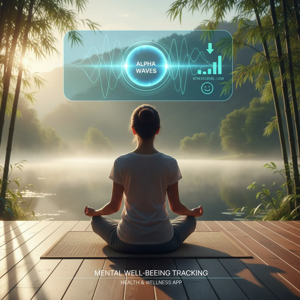 Person meditating with an app tracking mental well-being and stress levels