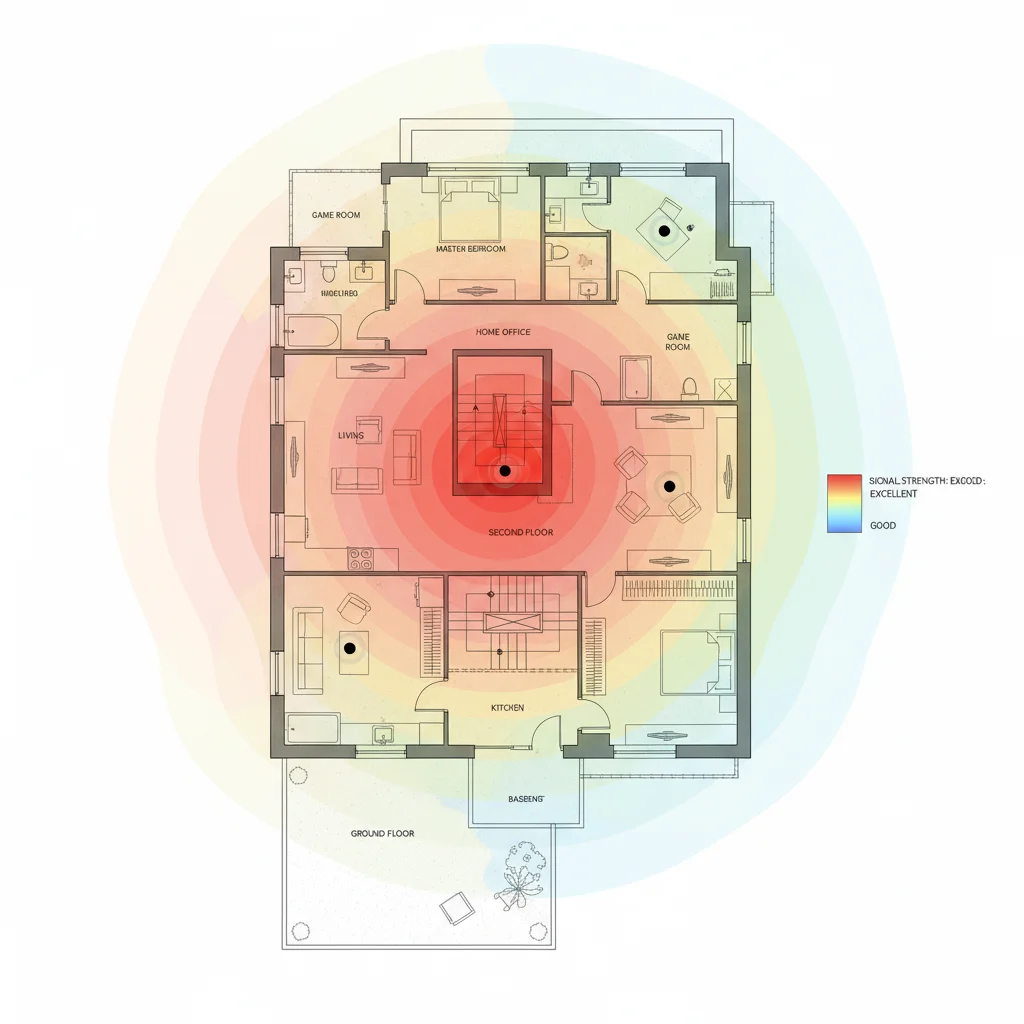 Wi-Fi coverage heat map illustrating signal strength and dead zone elimination in a multi-story home using a mesh system.