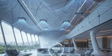 Modern mesh Wi-Fi system nodes providing whole-home coverage and high-speed internet in a contemporary living room.