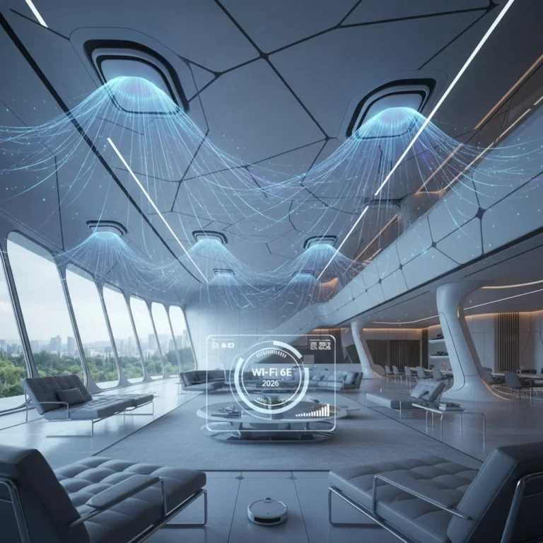 Modern mesh Wi-Fi system nodes providing whole-home coverage and high-speed internet in a contemporary living room.