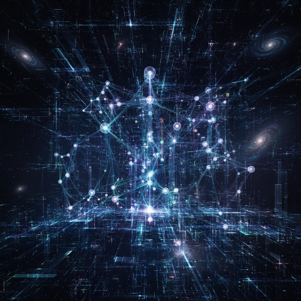 Interconnected data streams and glowing nodes, depicting metaverse infrastructure and technological backbone.