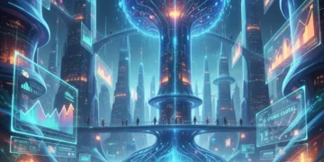 Futuristic metaverse cityscape with glowing digital architecture and interacting avatars, representing investment opportunities.