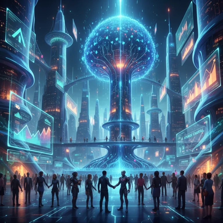 Futuristic metaverse cityscape with glowing digital architecture and interacting avatars, representing investment opportunities.