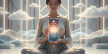 Woman meditating with a smartphone displaying a mindfulness app
