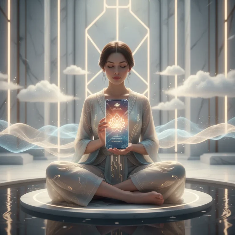 Woman meditating with a smartphone displaying a mindfulness app
