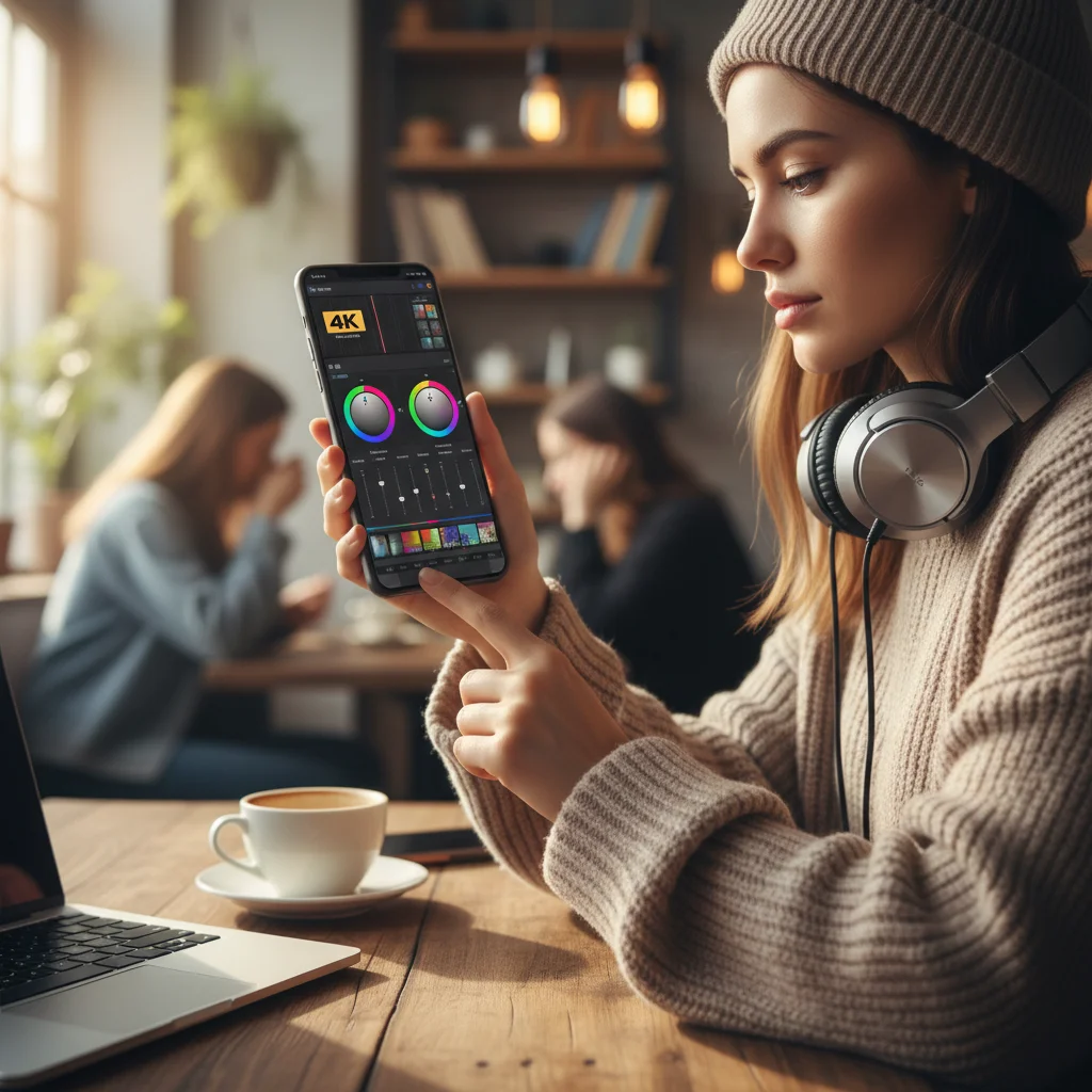 Content creator using a smartphone for 4K video color grading in a cafe.