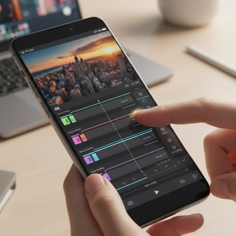 Smartphone displaying advanced 4K video editing software interface for mobile creators.