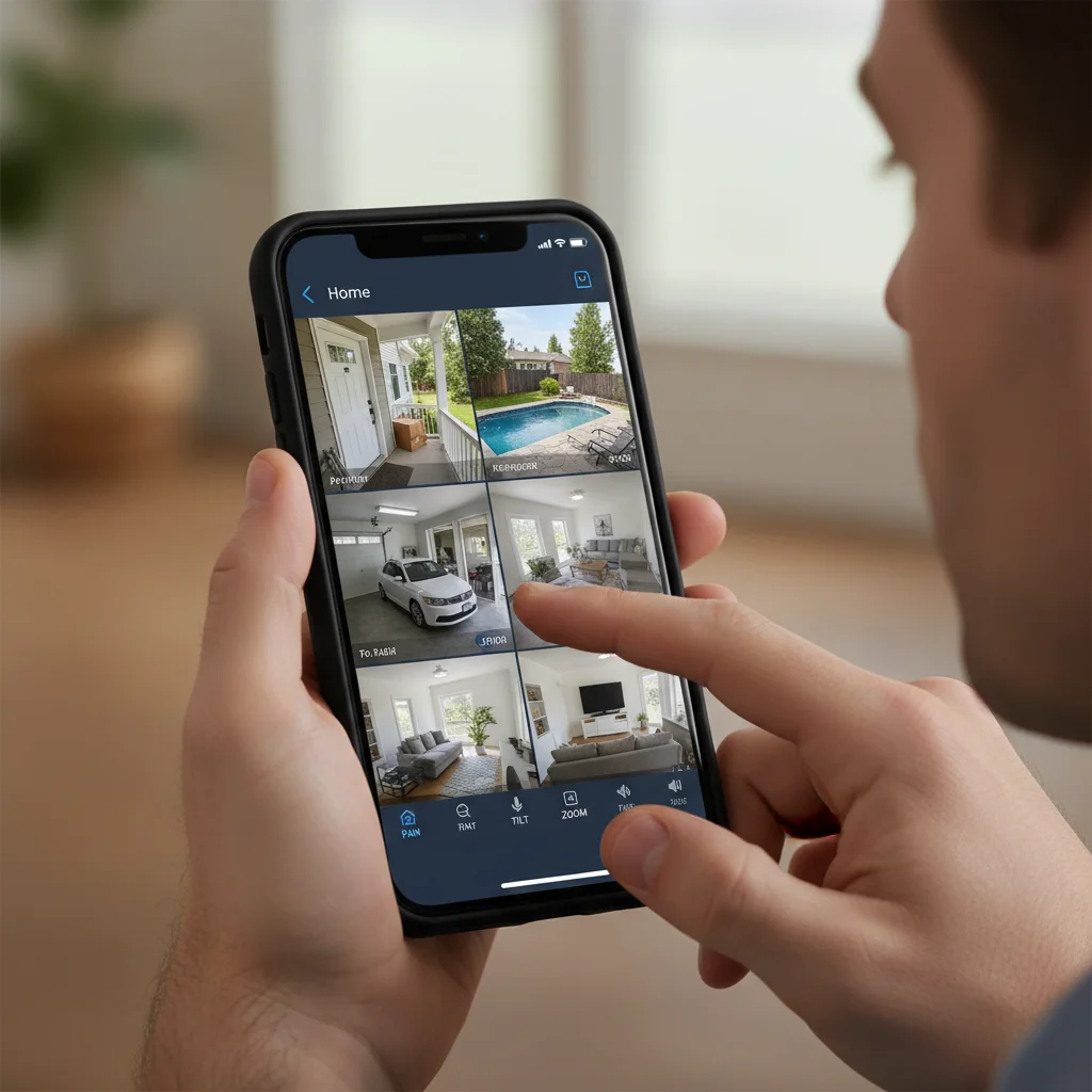 Mobile app displaying live feed from multiple home security cameras with remote control options.