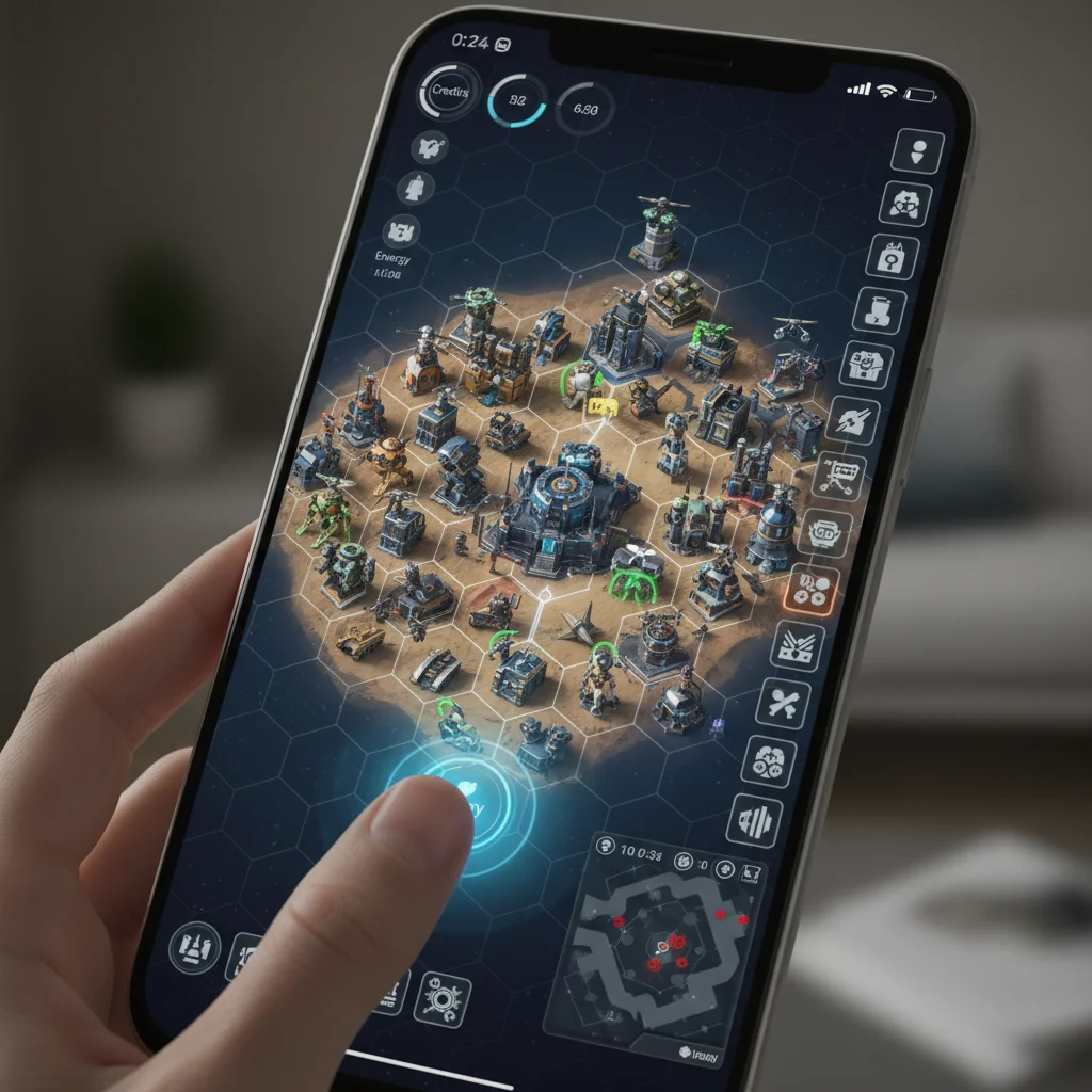 Mobile phone screen displaying a complex strategy game interface with units and resource management.