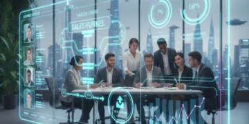 Modern CRM dashboard showcasing customer data and engagement metrics, with business team collaborating.