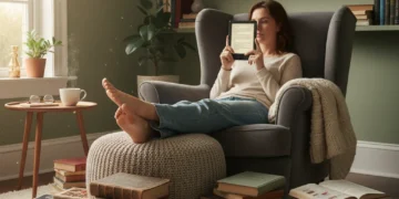 Person reading on a modern e-reader amidst physical books, cozy living room