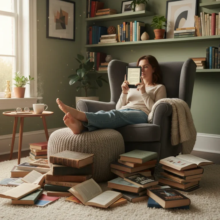 Person reading on a modern e-reader amidst physical books, cozy living room
