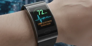 Modern fitness tracker on wrist showing heart rate data