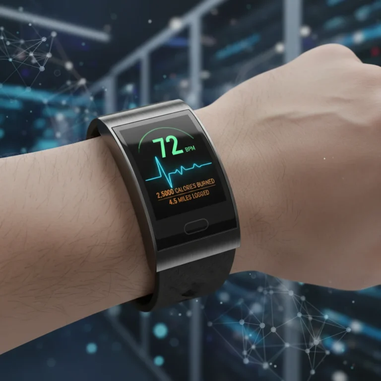 Modern fitness tracker on wrist showing heart rate data