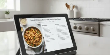 Modern smart kitchen display showing a recipe on a countertop