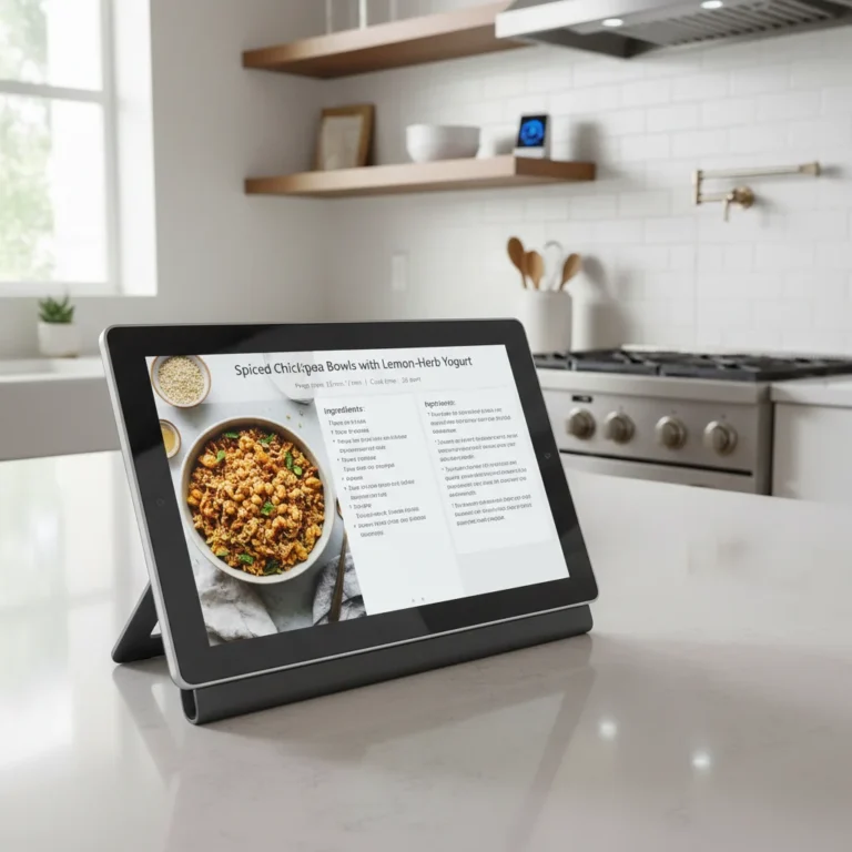 Modern smart kitchen display showing a recipe on a countertop