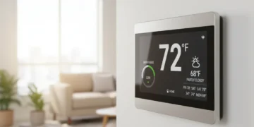 Modern smart thermostat displaying energy savings data in a contemporary living room.