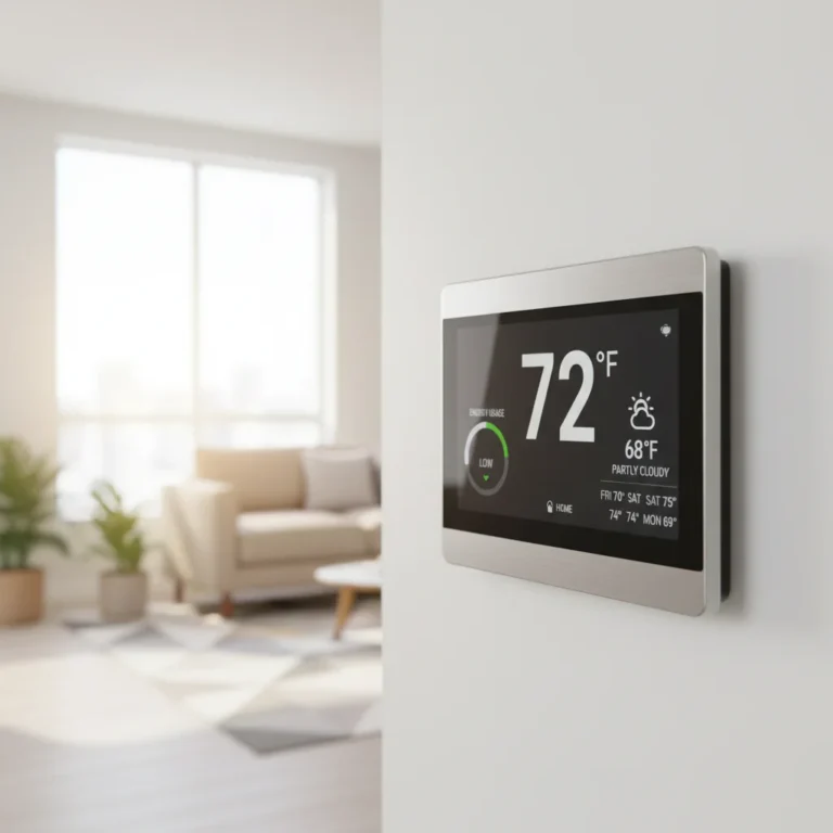 Modern smart thermostat displaying energy savings data in a contemporary living room.