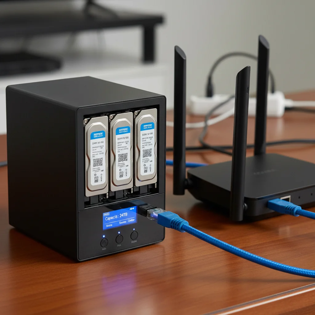 NAS device connected to a router, illustrating media storage