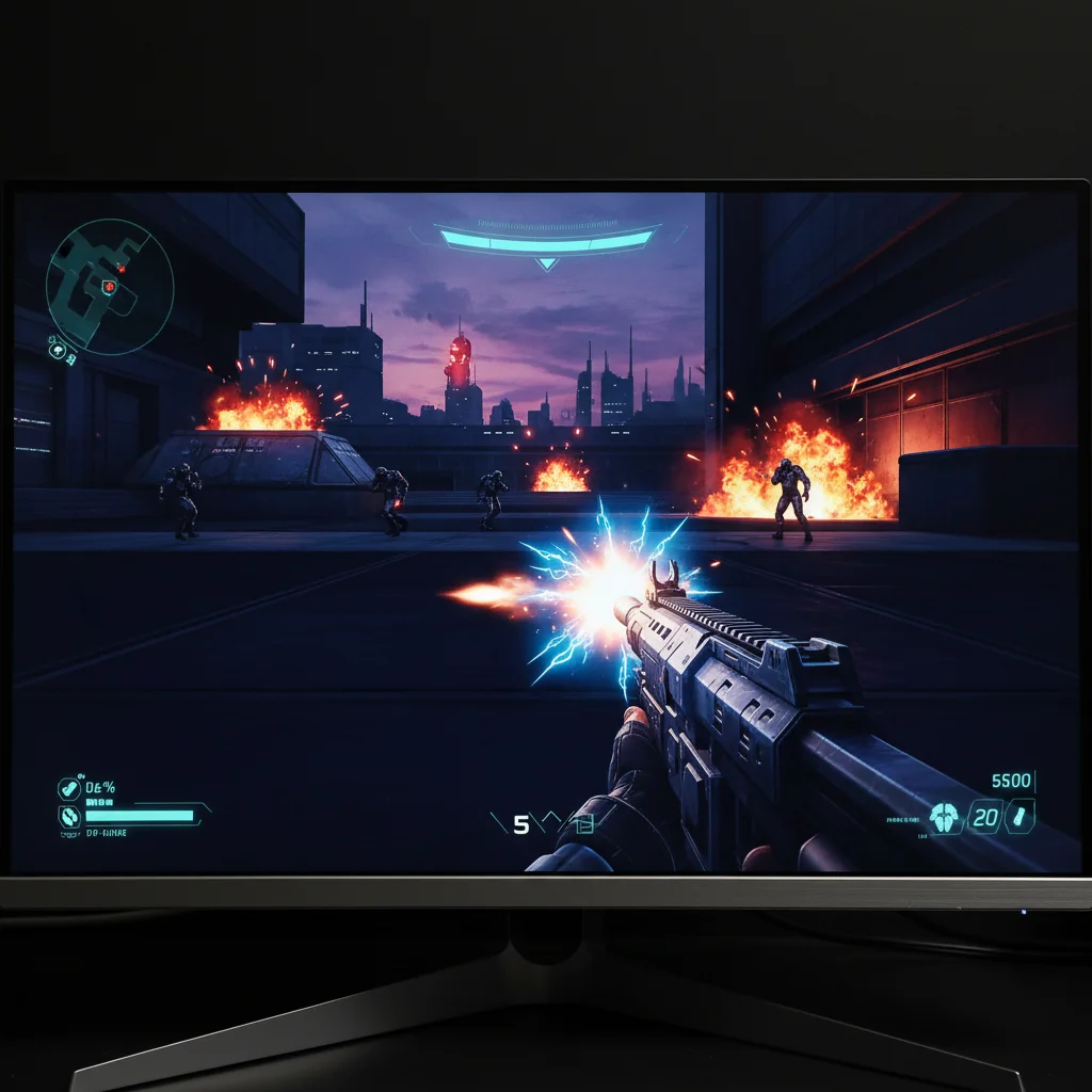OLED gaming monitor displaying crisp, motion-blur-free FPS graphics