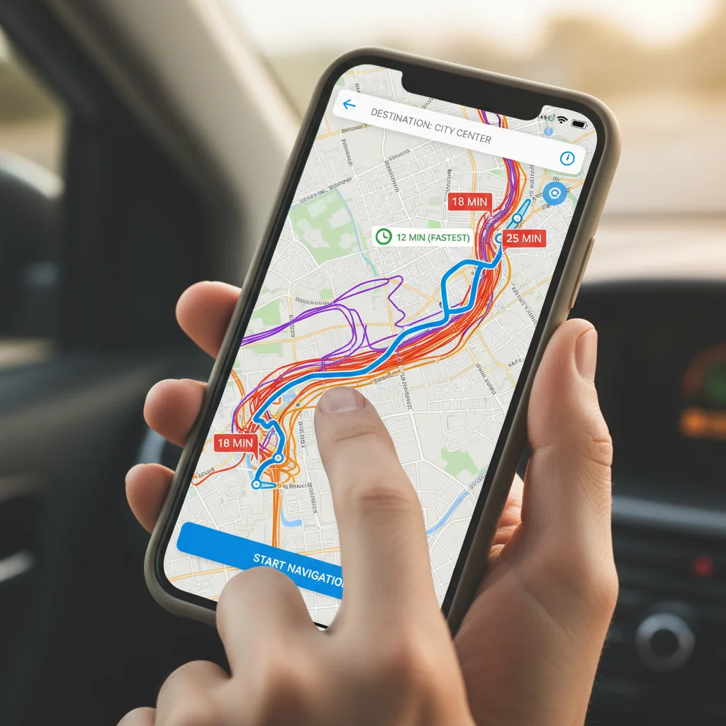 Smartphone displaying a navigation app with optimized route and real-time traffic, highlighting fastest travel option.