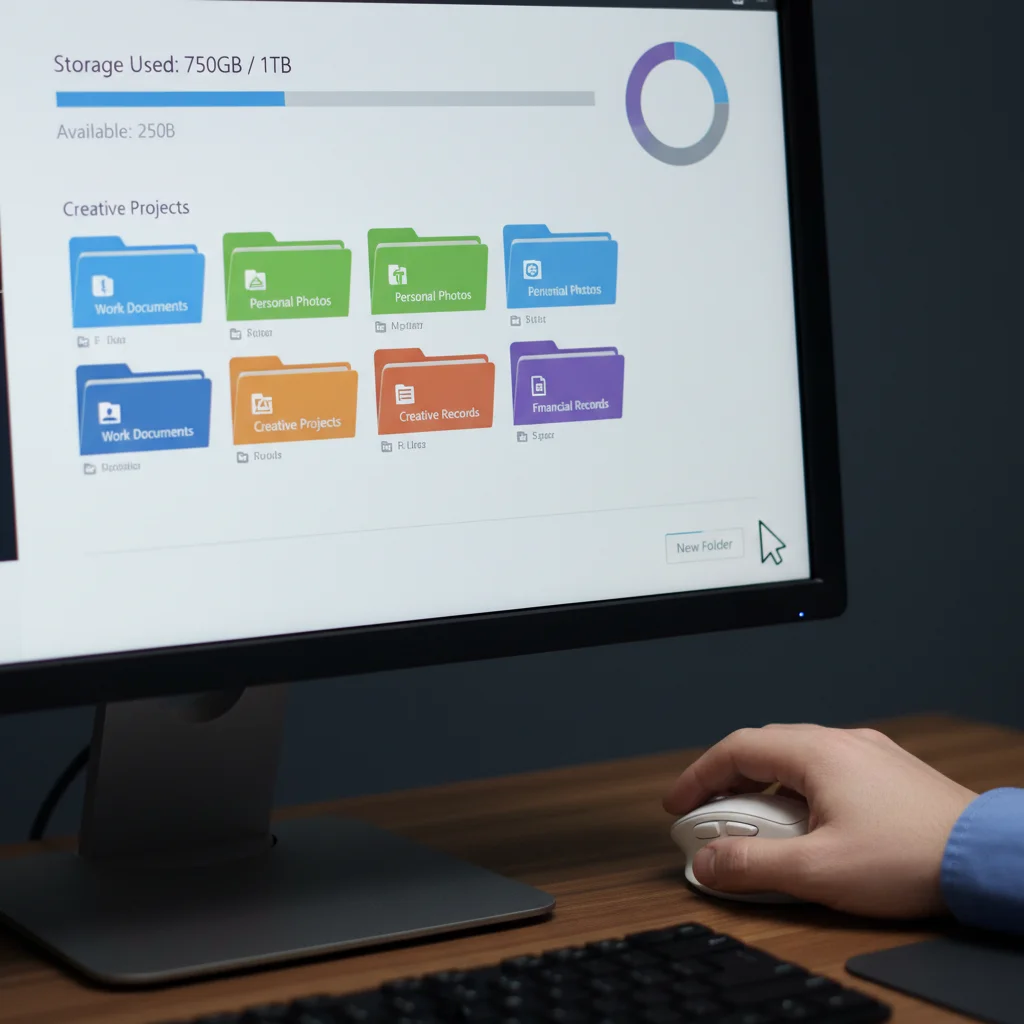 Computer screen showing organized cloud storage folders and available space.