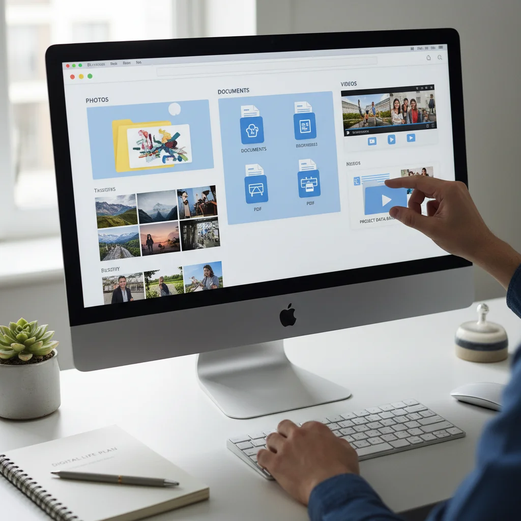 Person organizing digital files for backup, categorizing photos, documents, and videos.