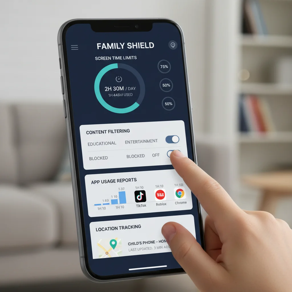 Parental control dashboard showing screen time and content filtering options