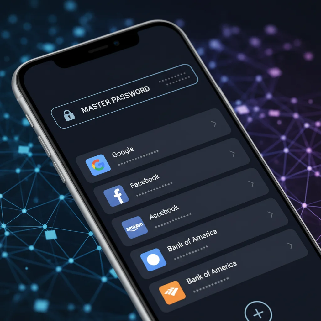 Smartphone displaying a password manager interface for secure password storage.