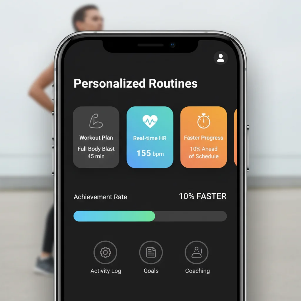 App interface displaying personalized workout routines and real-time progress