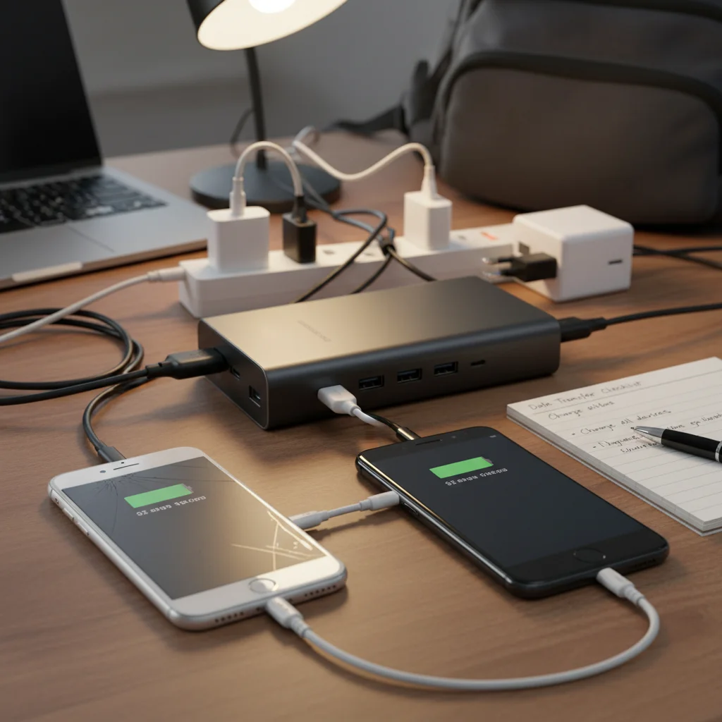 Essential accessories for phone data transfer, including chargers and cables