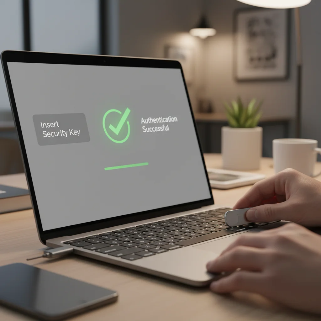 User activating a physical security key for Two-Factor Authentication login.