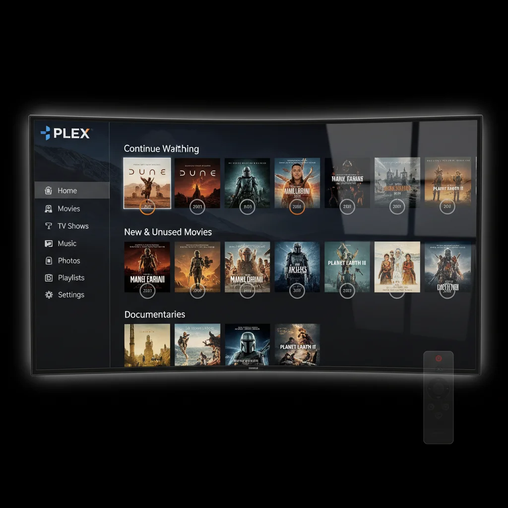 Plex media server interface displaying movie library on TV