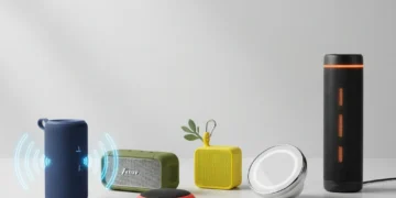 Six diverse portable Bluetooth speakers under $150, arranged for a sound quality review.