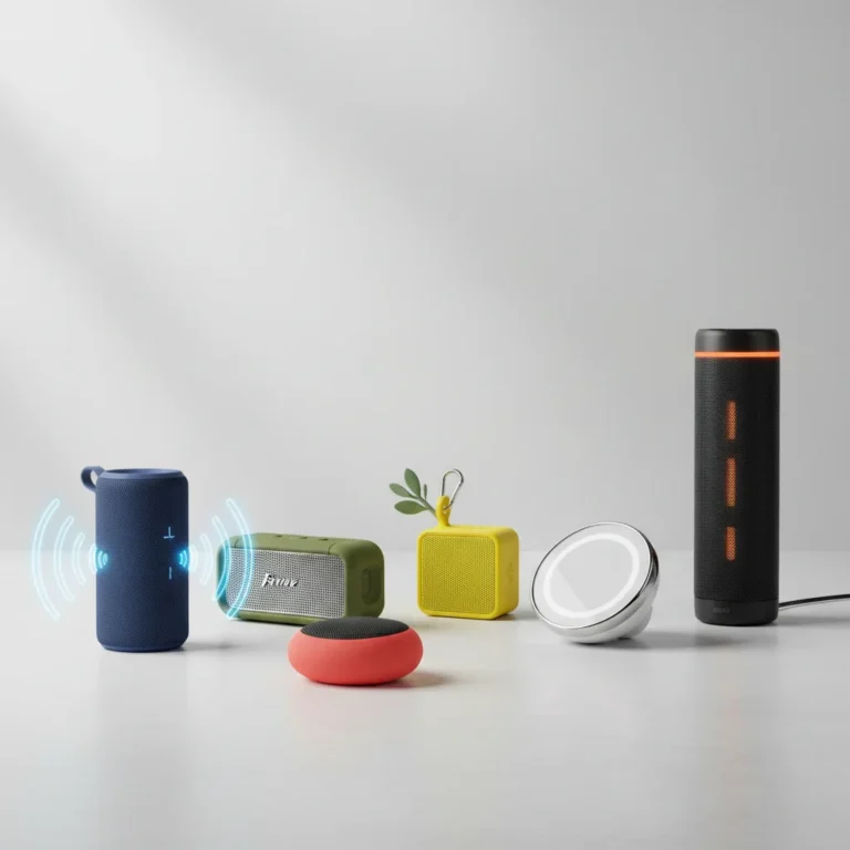 Six diverse portable Bluetooth speakers under $150, arranged for a sound quality review.