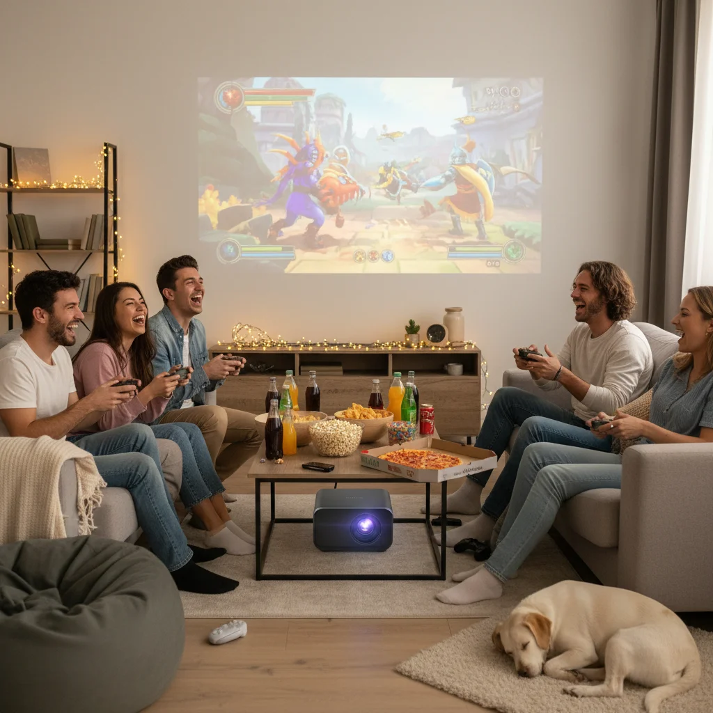 Friends playing video games using a portable projector in a living room