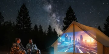Couple watching movie on portable projector outdoors at night