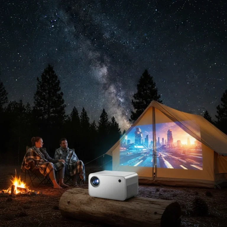 Couple watching movie on portable projector outdoors at night