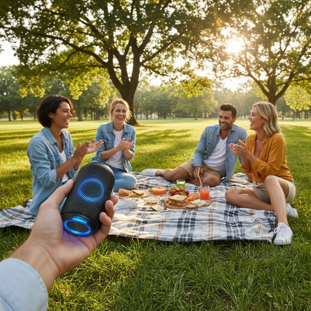 Person sharing music from a portable speaker with friends at a sunny park picnic.
