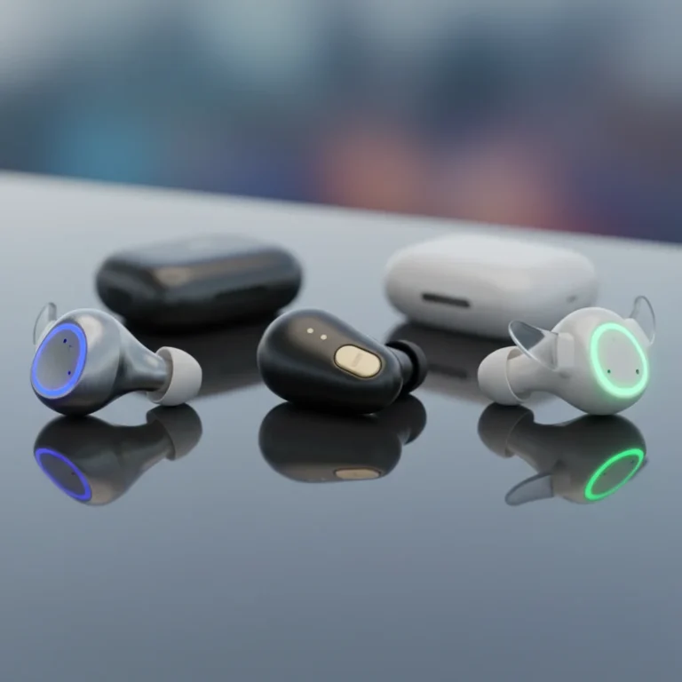 Collection of premium wireless earbuds on a reflective surface