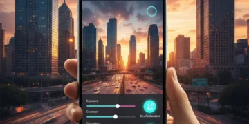 Smartphone displaying a photo editing app interface with tools for quick adjustments and AI enhancements, set against a stunning cityscape at sunset, symbolizing professional results in minutes.