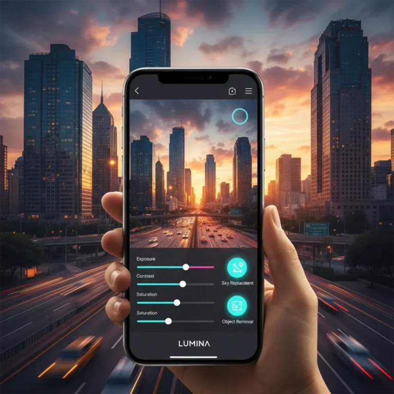 Smartphone displaying a photo editing app interface with tools for quick adjustments and AI enhancements, set against a stunning cityscape at sunset, symbolizing professional results in minutes.