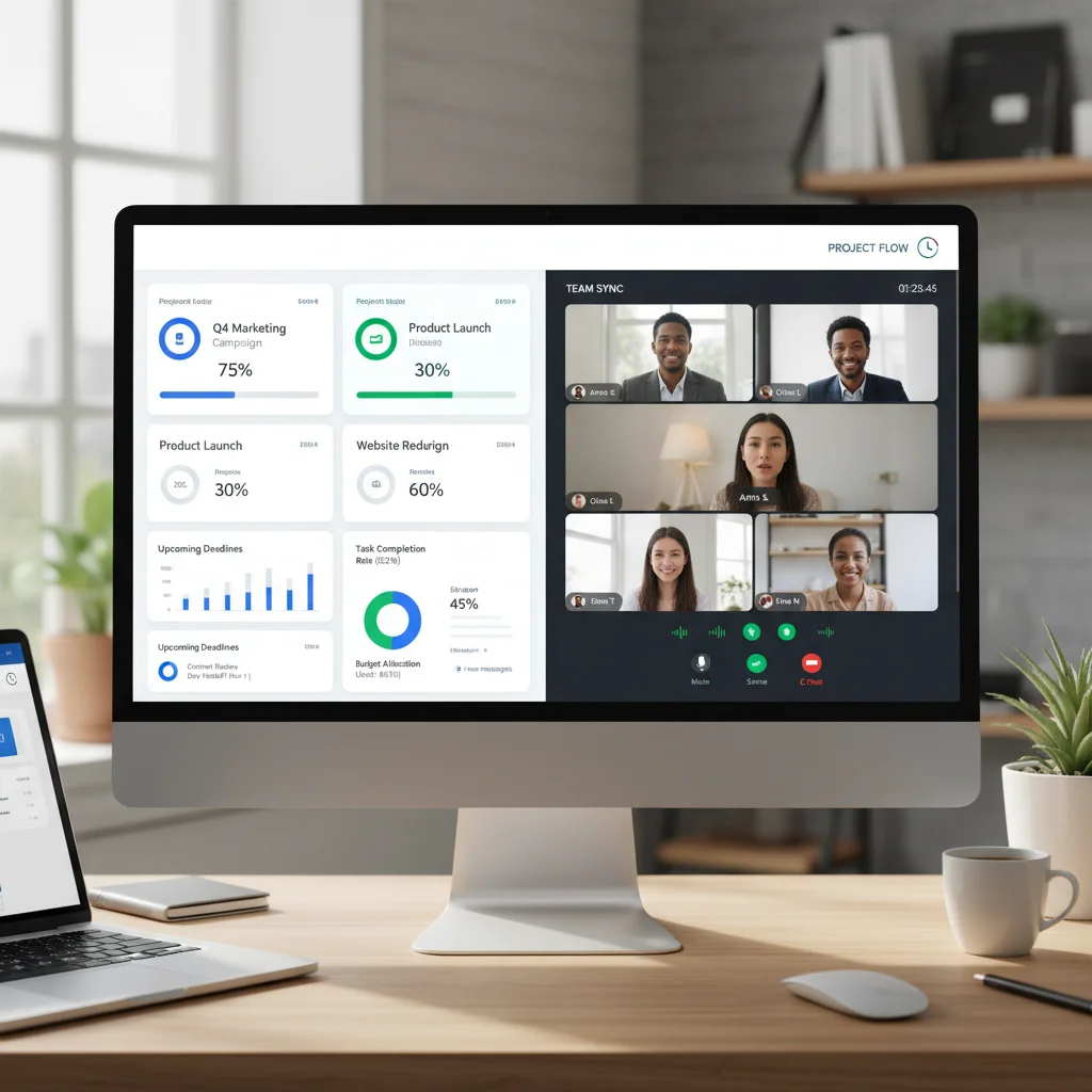 Project management dashboard and video conferencing interface for seamless remote team collaboration.