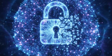 Quantum computing impact on data encryption by 2026, showing qubits and a breaking lock